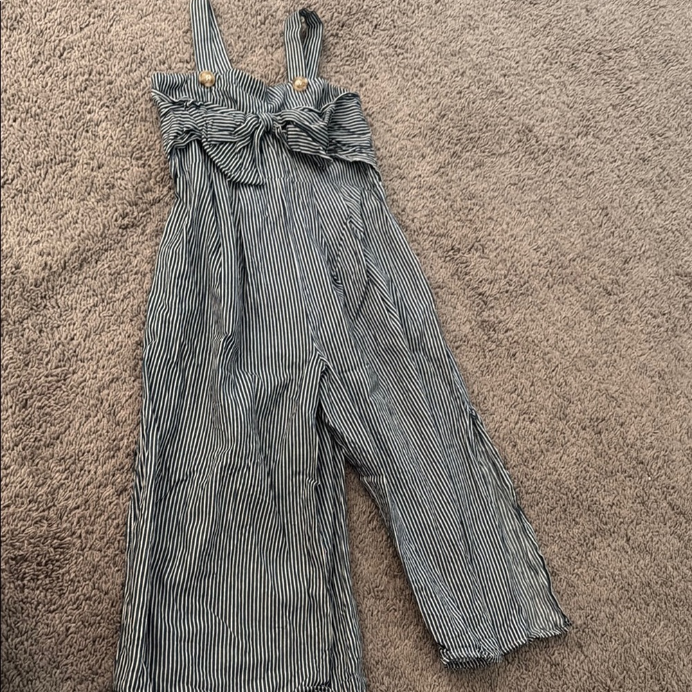 Navy and White Striped Jumpsuit with Button and Bow Detail